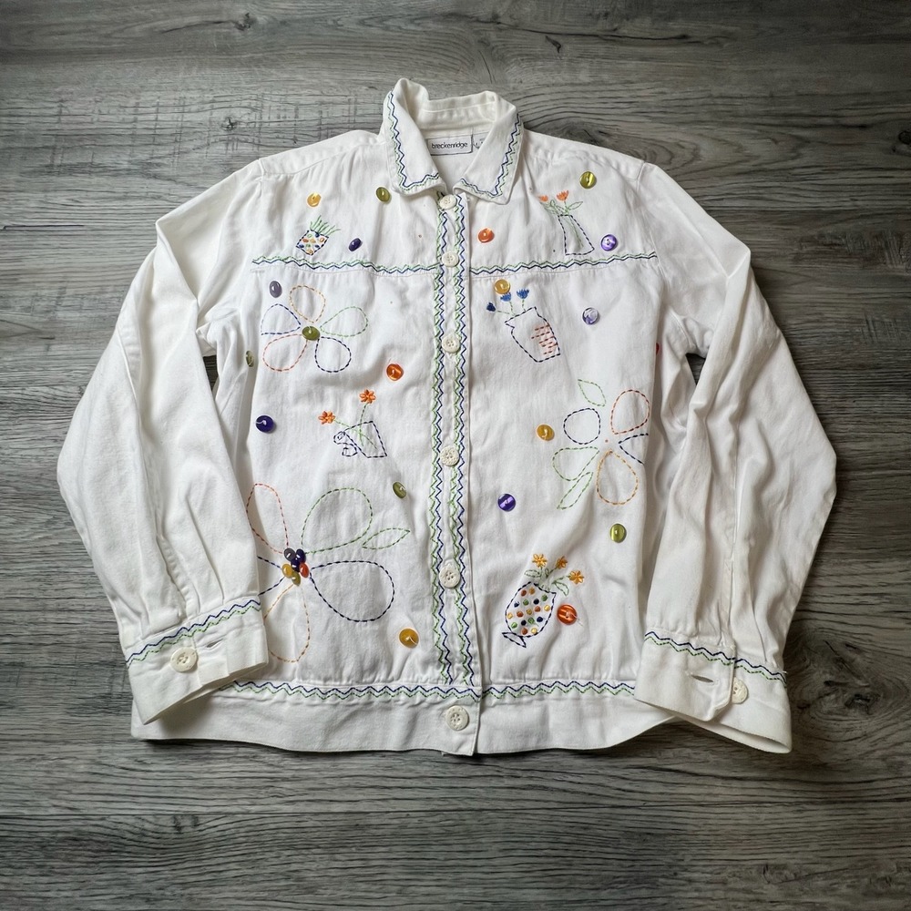 Breckenridge Button Up Shirt Women Medium White‎ Floral Embroidered Cotton Artsy